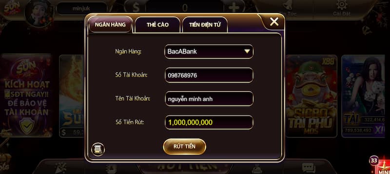 Sunwin rút tiền tối đa 1 tỷ đồng/giao dịch